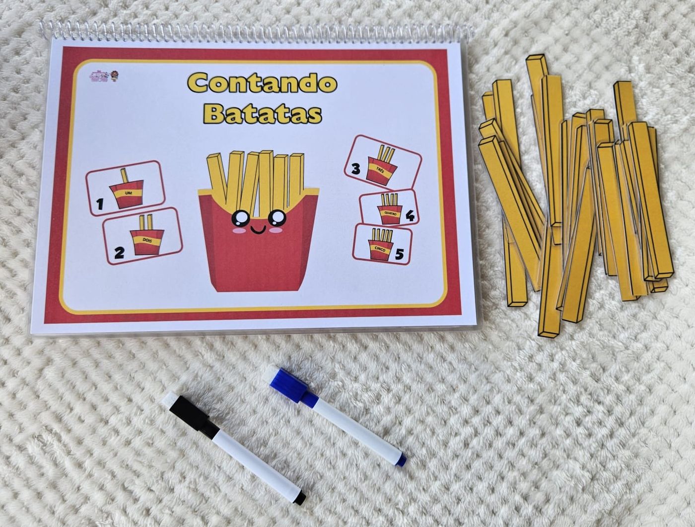 Recurso Contando as Batatas: cartela plastificada com numerais e palitos para contagem
